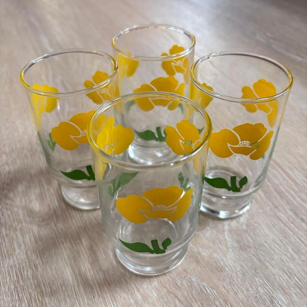Anchor Hocking Poppy Carnation Yellow Green Juice Drinkware Glasses Set of 4 MCM